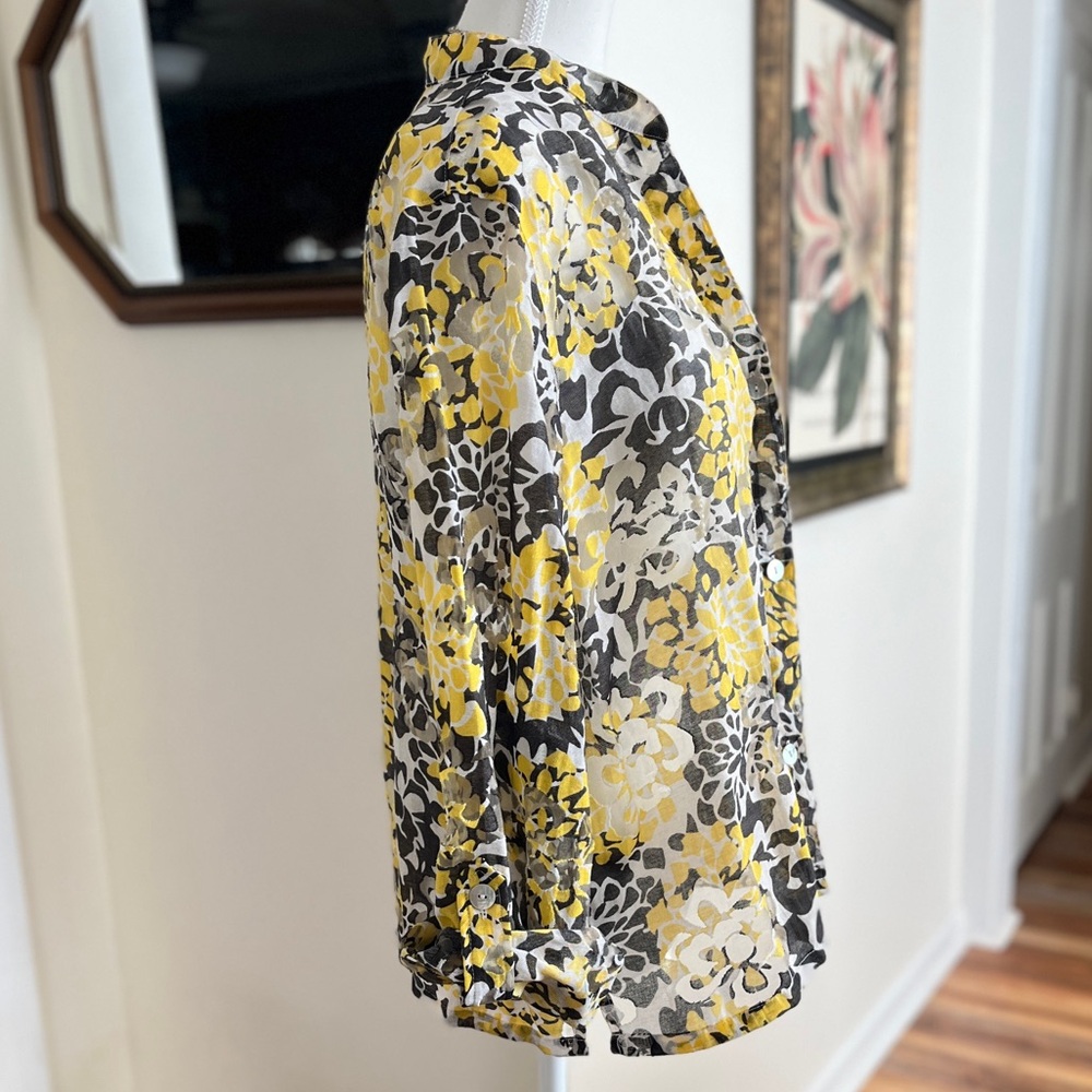 Ruby Rd. Floral Blouse in Yellow and Gray, sheer, long sleeve, front buttons - Picture 9 of 14